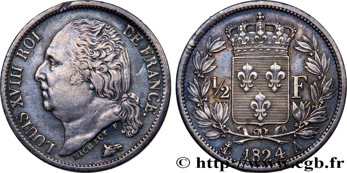 1/2 franc Louis XVIII 1824 Paris F.179/43 AU52 