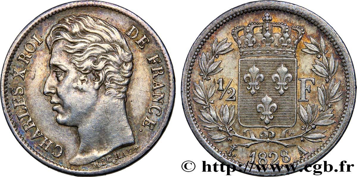 1/2 franc Charles X 1828 Paris F.180/25 EBC58 