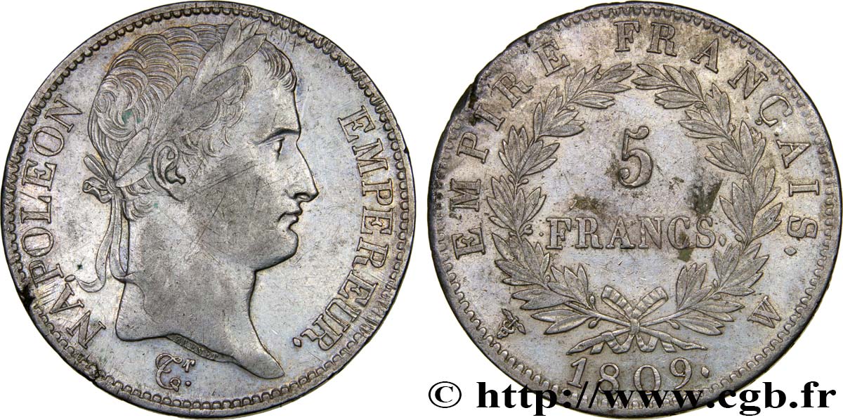5 francs Napoléon Empereur, Empire français 1809 Lille F.307/13 SS48 