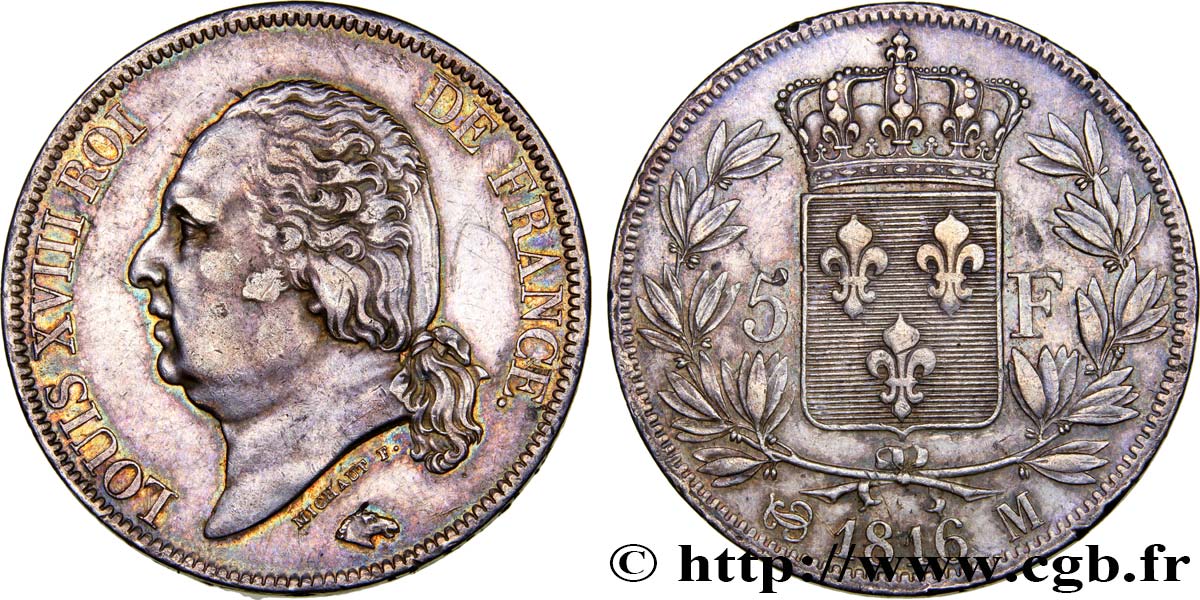 5 francs Louis XVIII, tête nue 1816 Toulouse F.309/9 MBC48 