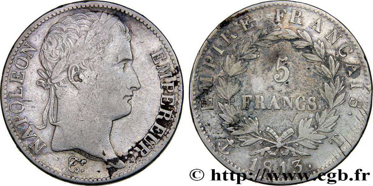 5 francs Napoléon Empereur, Empire français 1813 Nantes F.307/72 TB35 
