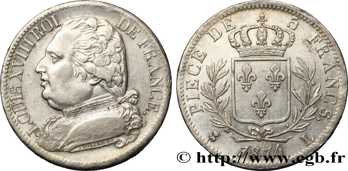 5 francs Louis XVIII, buste habillé 1814 Bayonne F.308/8 TTB50 