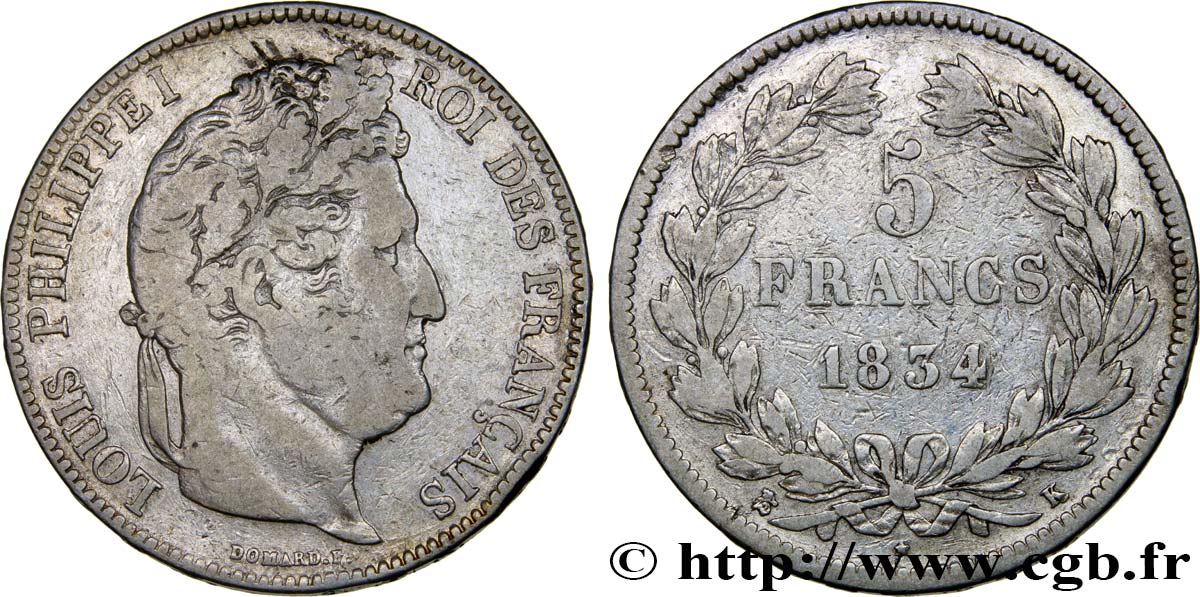 5 francs IIe type Domard 1834 Bordeaux F.324/35 TB25 
