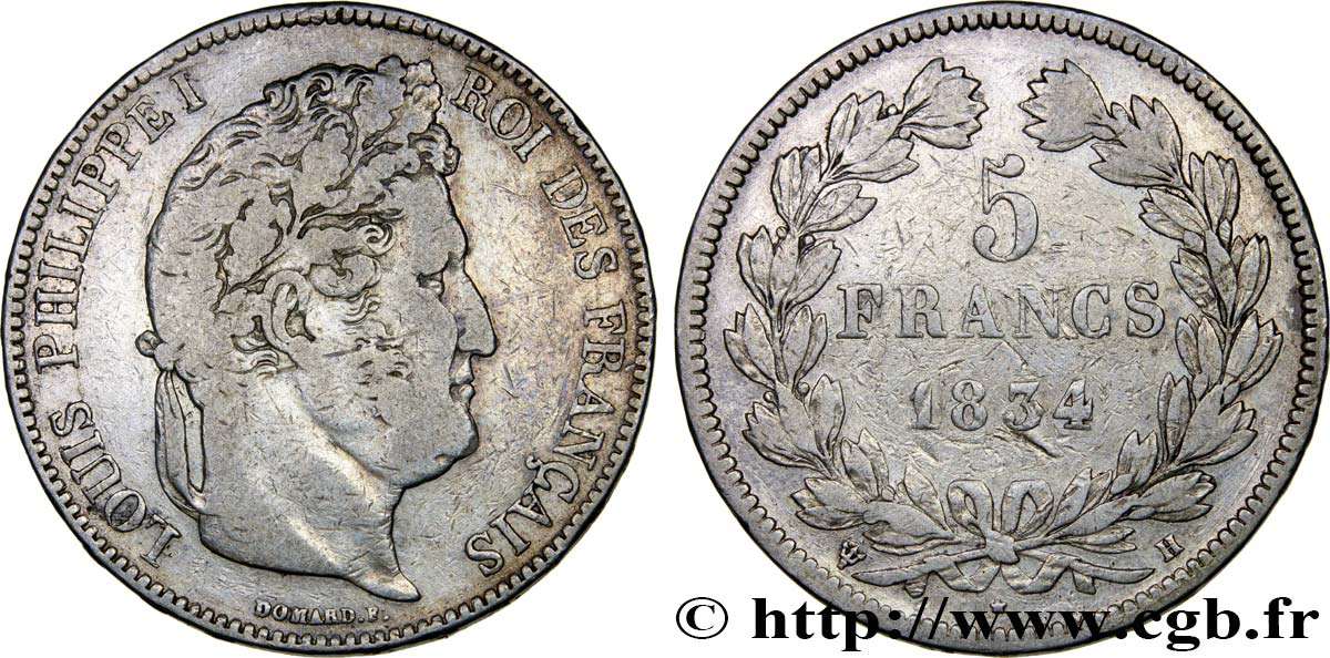 5 francs IIe type Domard 1834 La Rochelle F.324/33 TB30 