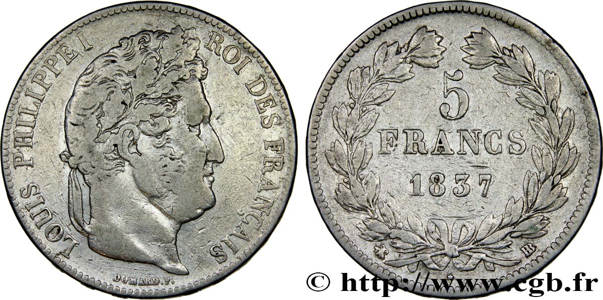 5 francs IIe type Domard 1837 Strasbourg F.324/63 VF30 