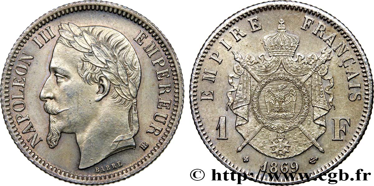 1 franc Napoléon III, tête laurée 1869 Strasbourg F.215/15 VZ62 