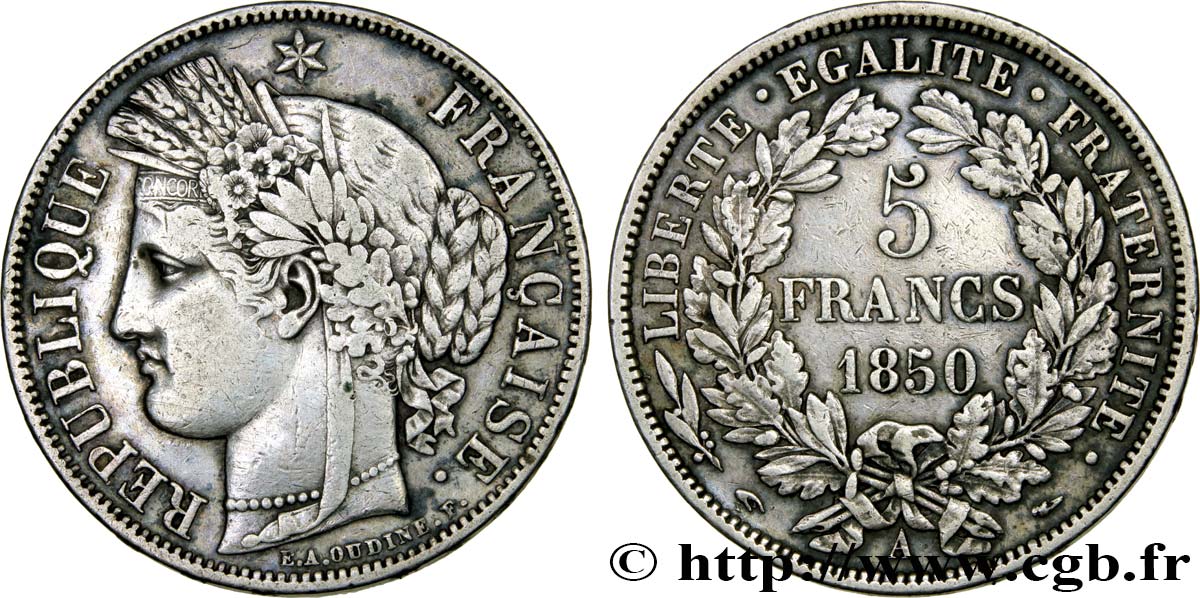 5 francs Cérès, IIe République 1850 Paris F.327/4 MB38 