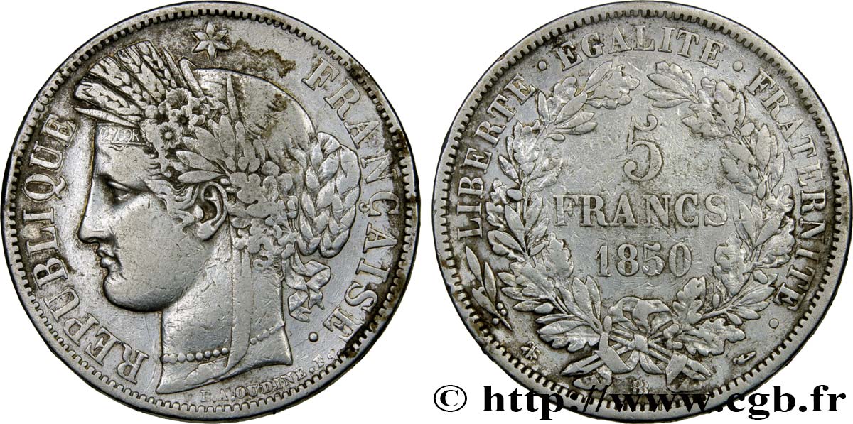 5 francs Cérès, IIe République 1850 Strasbourg F.327/5 VF25 