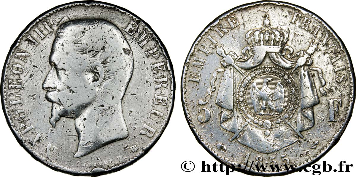 5 francs Napoléon III, tête nue 1855 Strasbourg F.330/4 VG 