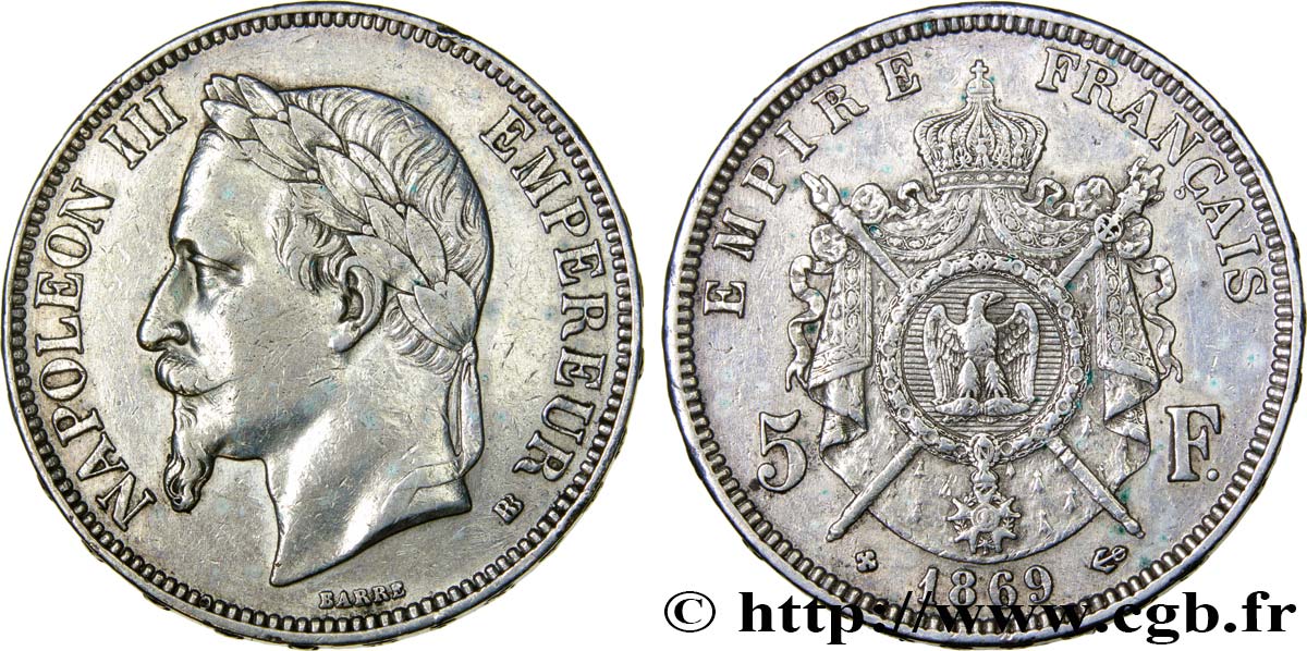 5 francs Napoléon III, tête laurée 1869 Strasbourg F.331/15 TTB45 