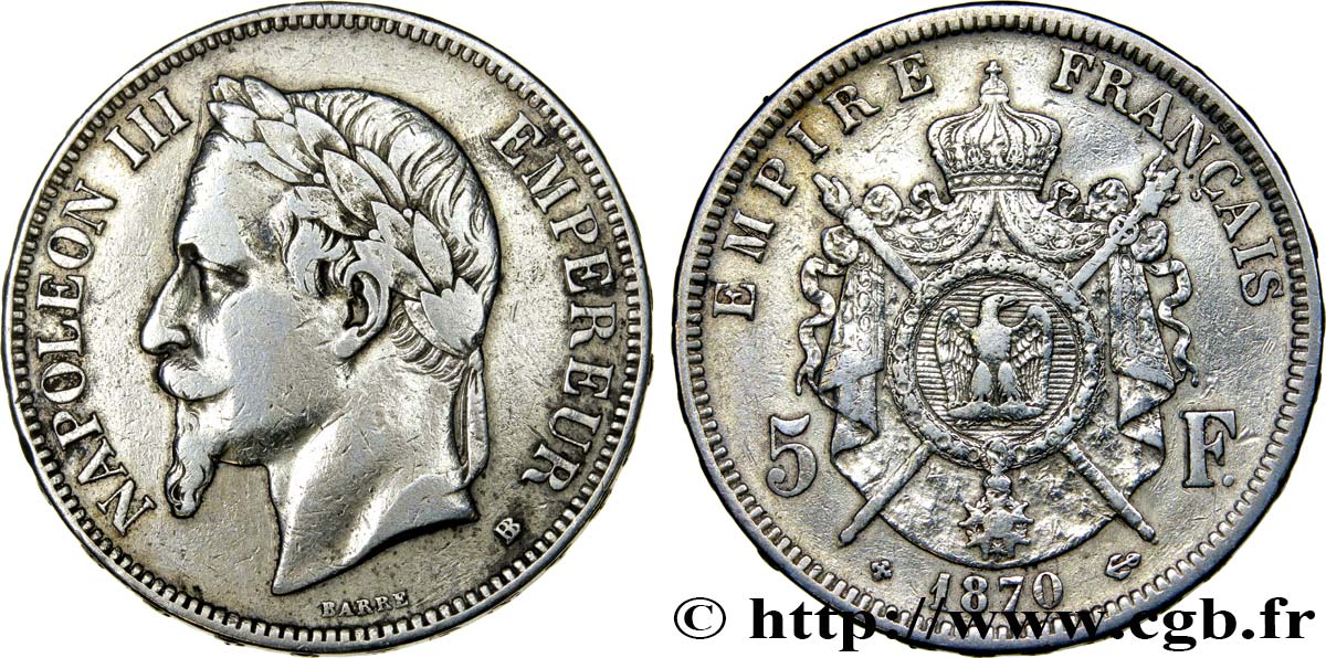 5 francs Napoléon III, tête laurée 1870 Strasbourg F.331/17 VF35 
