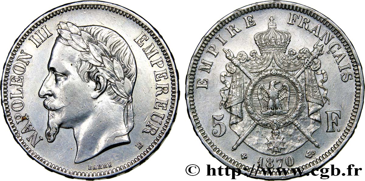 5 francs Napoléon III, tête laurée 1870 Strasbourg F.331/17 MBC48 