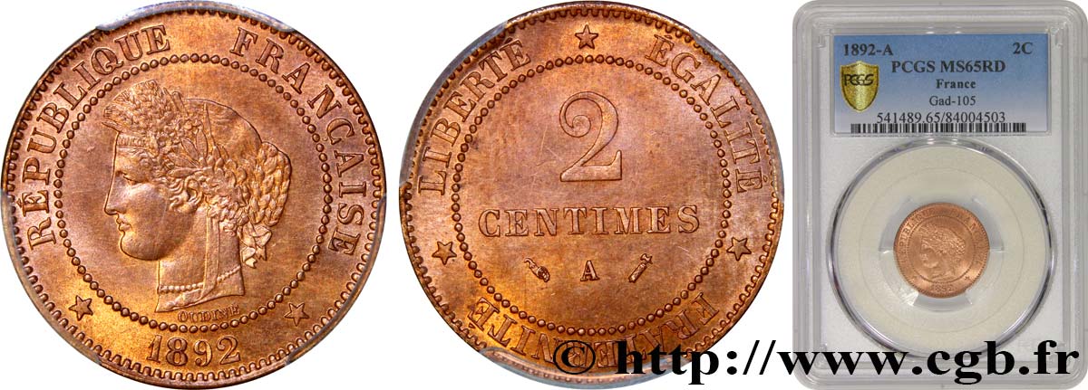 2 centimes Cérès 1892 Paris F.109/18 MS65 PCGS