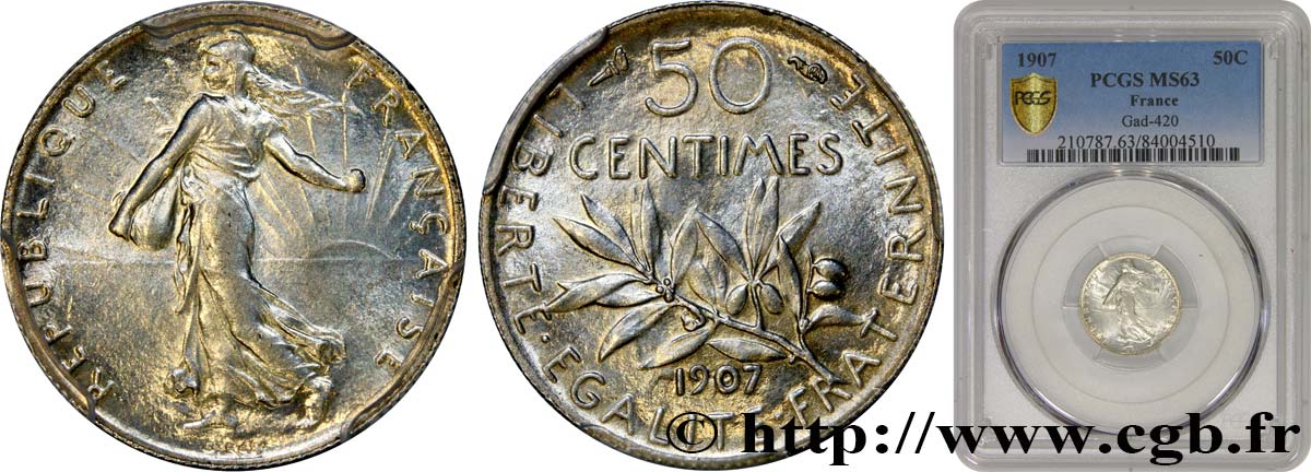 50 centimes Semeuse 1907 Paris F.190/14 SC63 PCGS