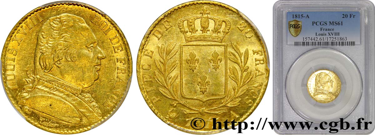20 francs or Louis XVIII, buste habillé 1815 Paris F.517/10 SUP61 PCGS