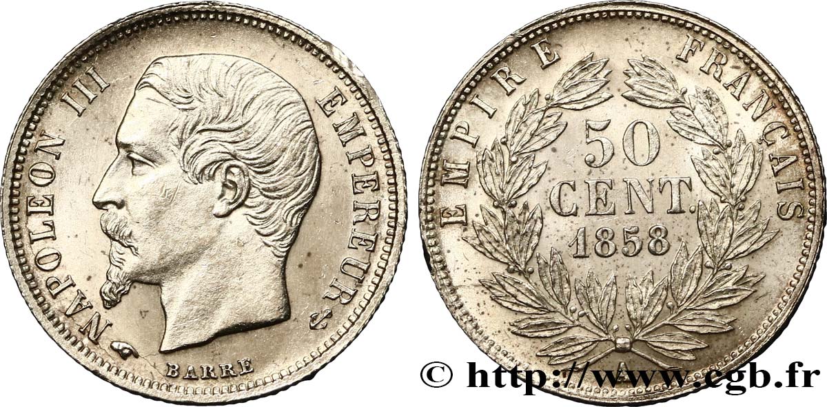 50 centimes Napoléon III, tête nue 1858 Paris F.187/9 VZ62 