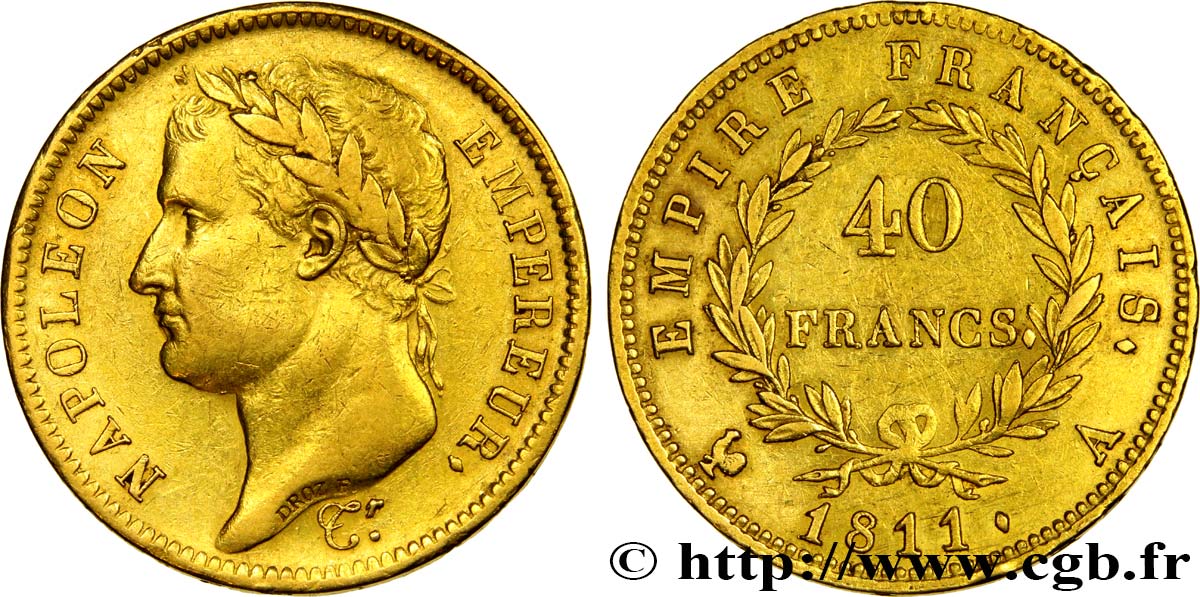 40 francs or Napoléon tête laurée, Empire français 1811 Paris F.541/6 XF45 