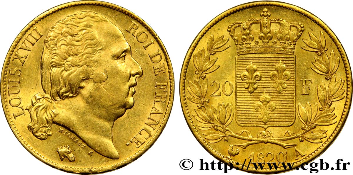 20 francs or Louis XVIII, tête nue 1820 Paris F.519/19 BB52 