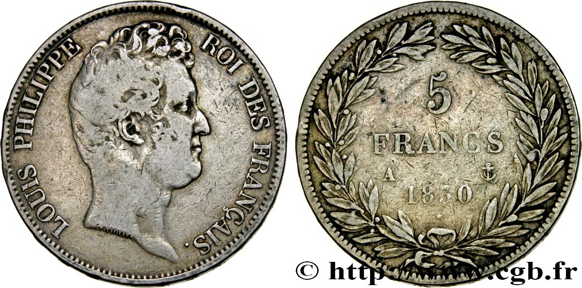 5 francs type Tiolier sans le I, tranche en relief 1830  Paris F.314/1 MB25 