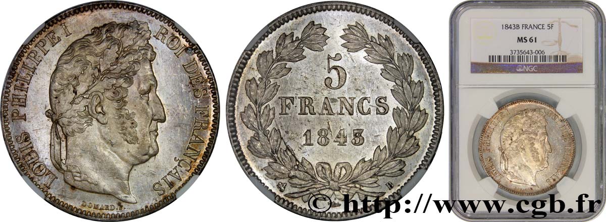 5 francs IIe type Domard 1843 Rouen F.324/101 SPL61 NGC