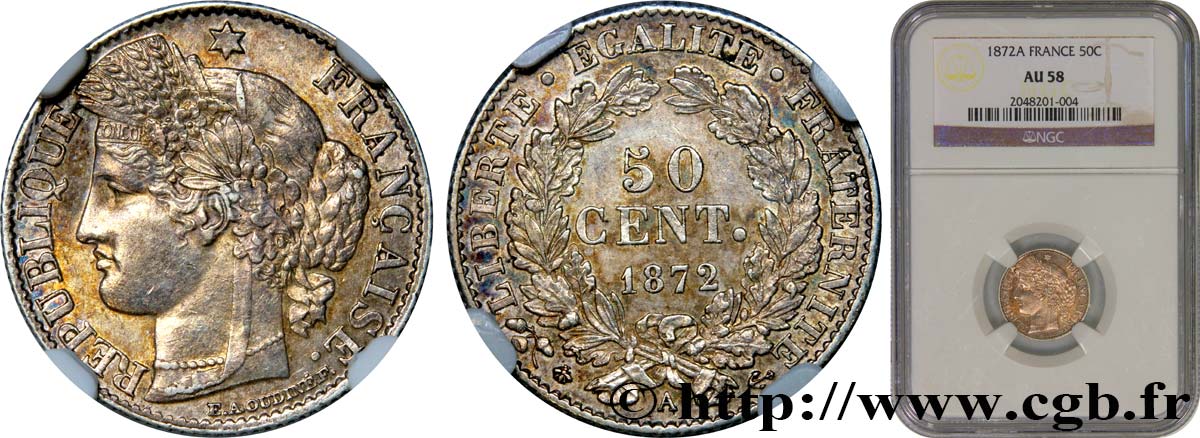 50 centimes Cérès, IIIe République 1872 Paris F.189/3 SUP58 NGC