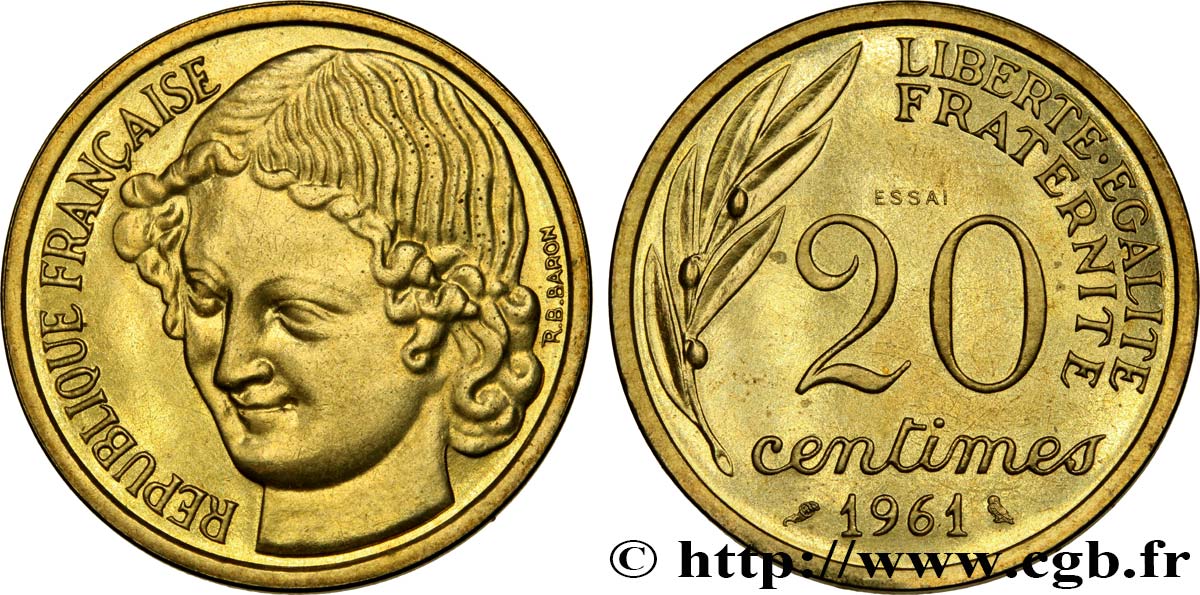 Essai du concours de 20 centimes par Baron 1961 Paris GEM.55 2 MS60 