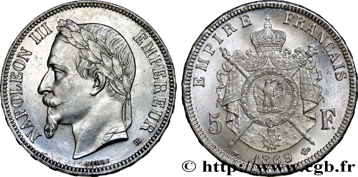 5 francs Napoléon III, tête laurée 1869 Strasbourg F.331/15 MS60 