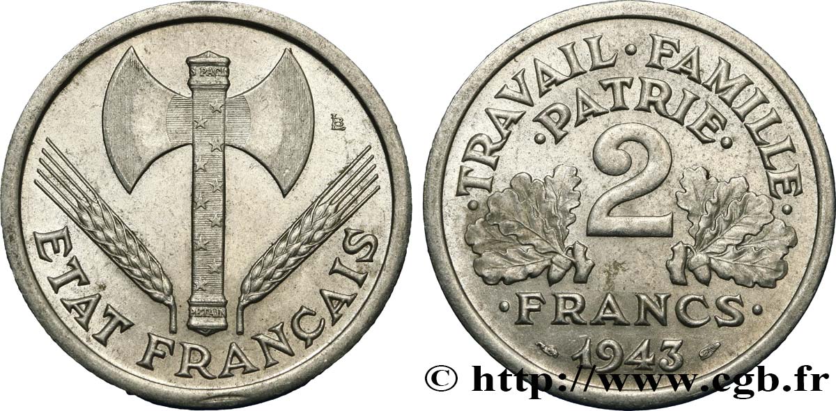 2 francs Francisque 1943  F.270/2 SUP60 