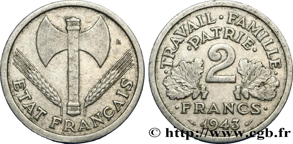 2 francs Francisque 1943  F.270/2 AU50 