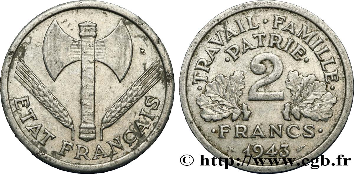 2 francs Francisque 1943  F.270/2 AU50 