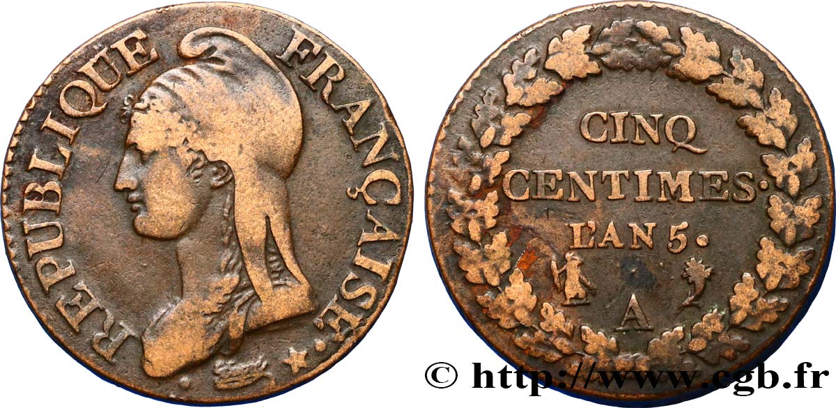 Cinq centimes Dupré, grand module 1797 Paris F.115/1 XF40 