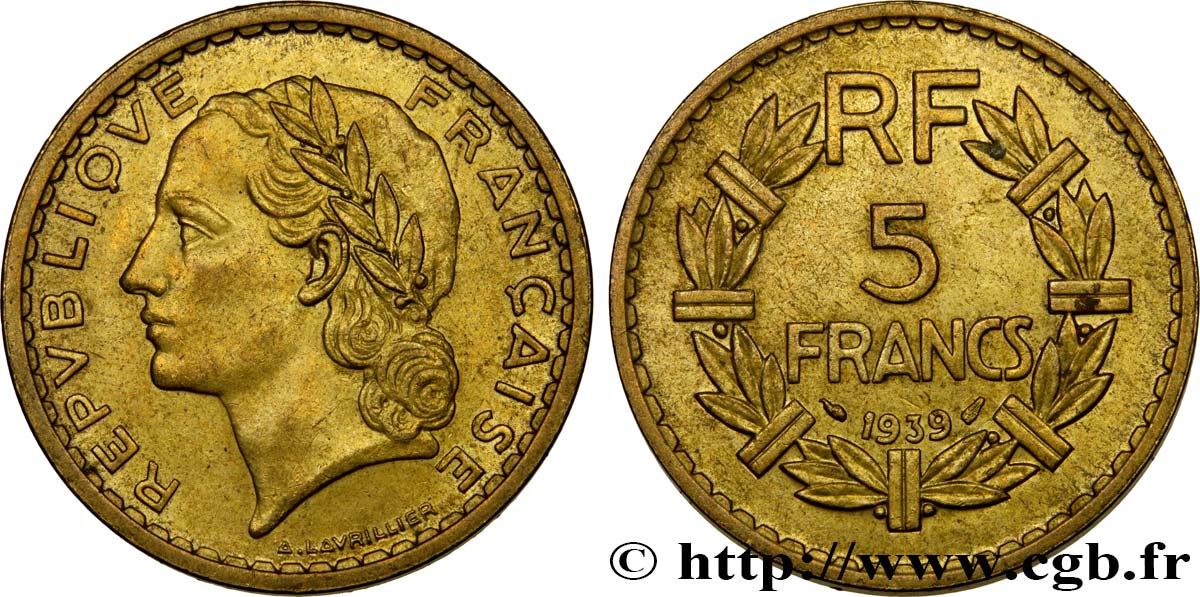 5 francs Lavrillier, bronze-aluminium 1939  F.337/3 TTB48 