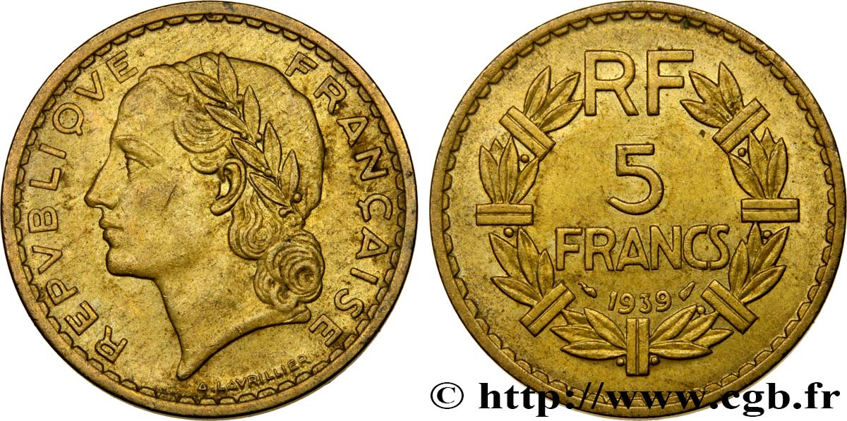 5 francs Lavrillier, bronze-aluminium 1939  F.337/3 TTB50 
