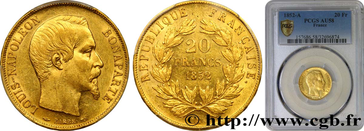 20 francs or Louis-Napoléon 1852 Paris F.530/1 AU58 PCGS
