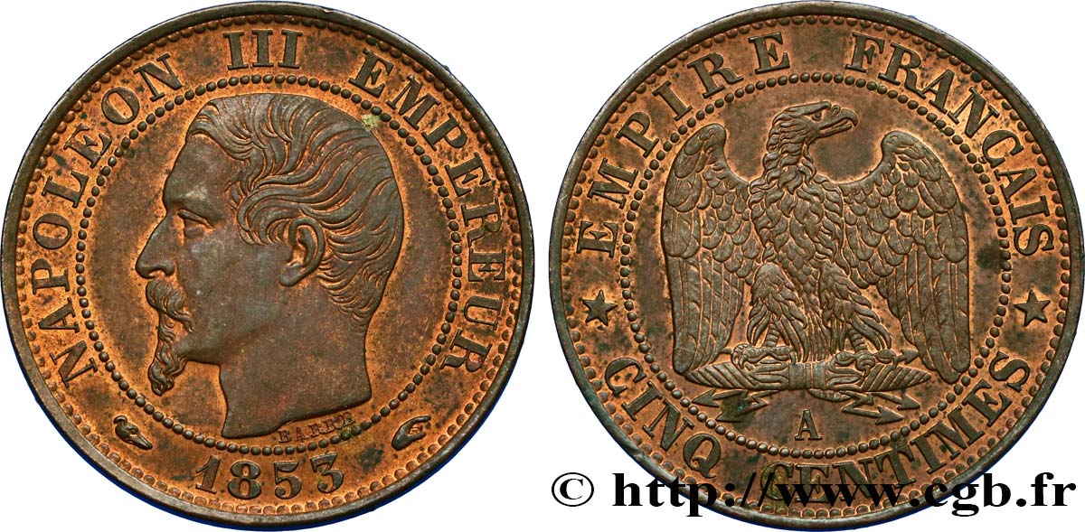 Cinq centimes Napoléon III, tête nue 1853 Paris F.116/1 EBC58 