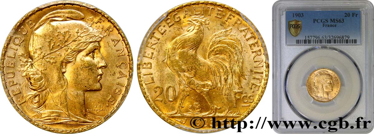 20 francs or Coq, Dieu protège la France 1903 Paris F.534/8 MS63 PCGS
