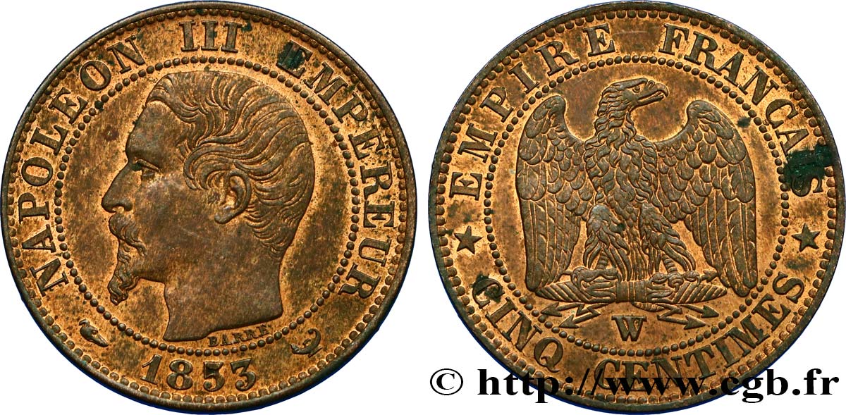 Cinq centimes Napoléon III, tête nue 1853 Lille F.116/7 VZ60 