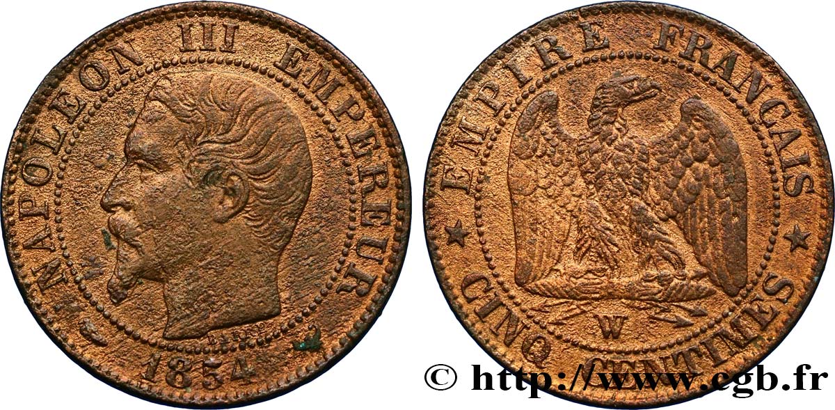 Cinq centimes Napoléon III, tête nue 1854 Lille F.116/15 MB 