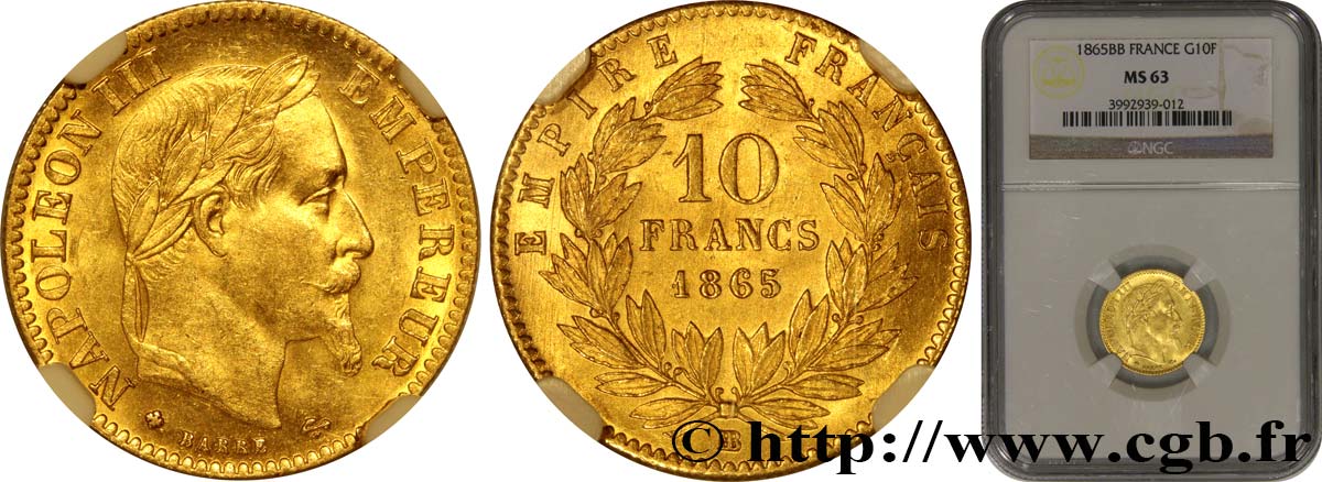 10 francs or Napoléon III, tête laurée 1865 Strasbourg F.507A/10 MS63 NGC