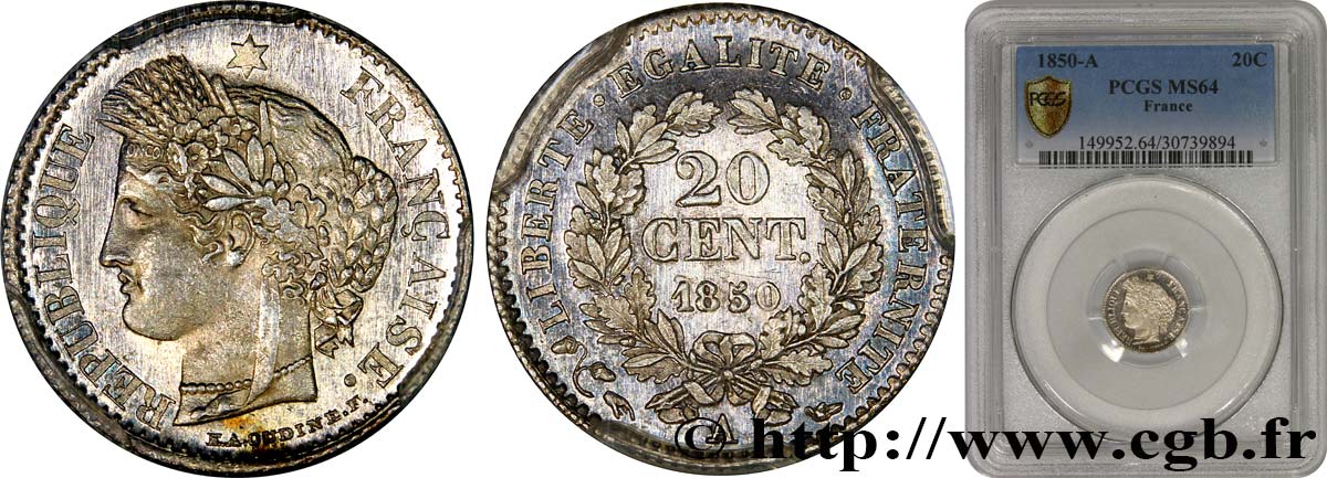 20 centimes Cérès, IIe République 1850 Paris F.146/2 fST64 PCGS