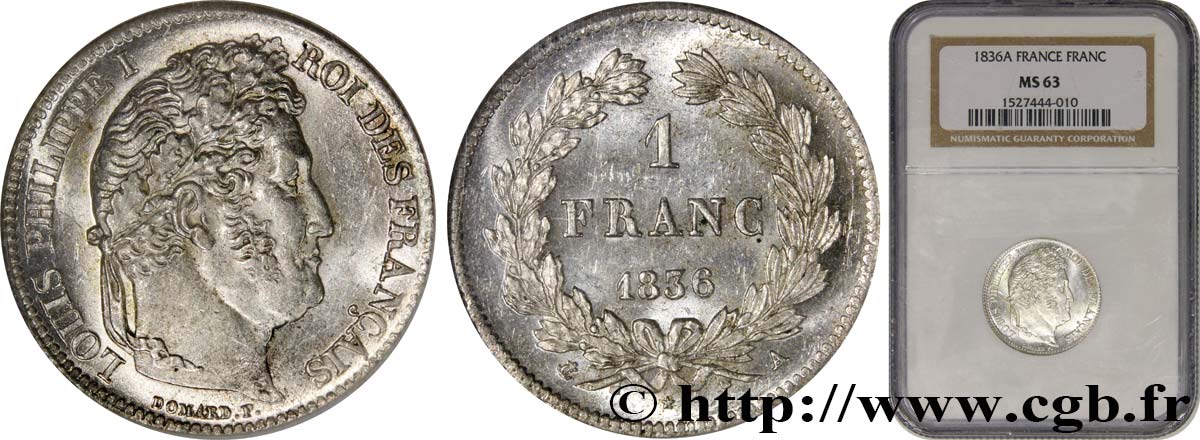 1 franc Louis-Philippe, couronne de chêne 1836 Paris F.210/50 SC63 NGC