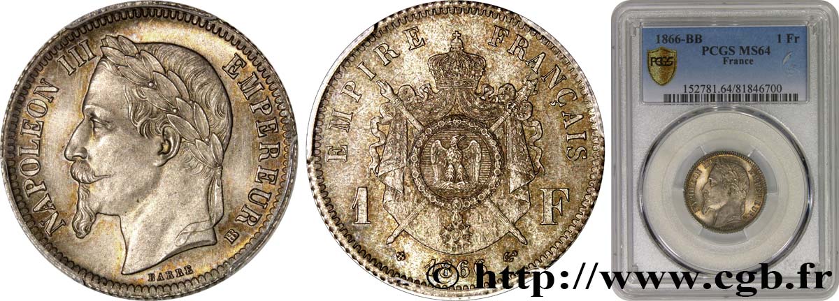 1 franc Napoléon III, tête laurée 1866 Strasbourg F.215/4 fST64 PCGS