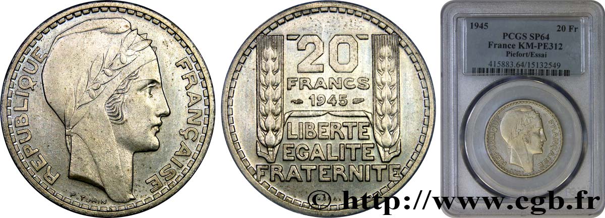 Essai-piéfort de 20 francs Turin nickel 1945  GEM.206 EP MS64 PCGS