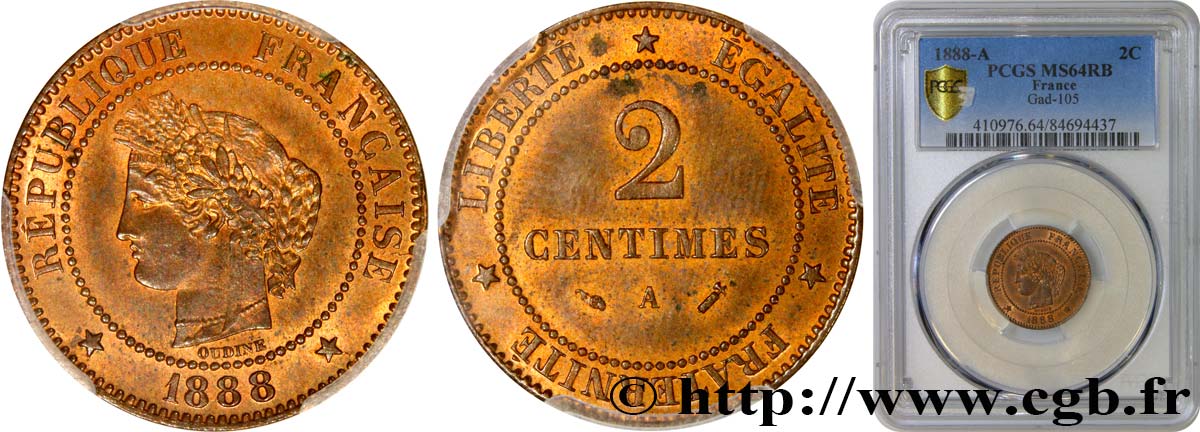 2 centimes Cérès 1888 Paris F.109/14 fST64 PCGS