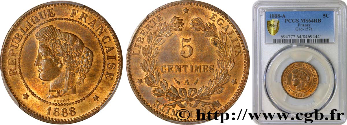 5 centimes Cérès 1888 Paris F.118/30 SPL64 PCGS