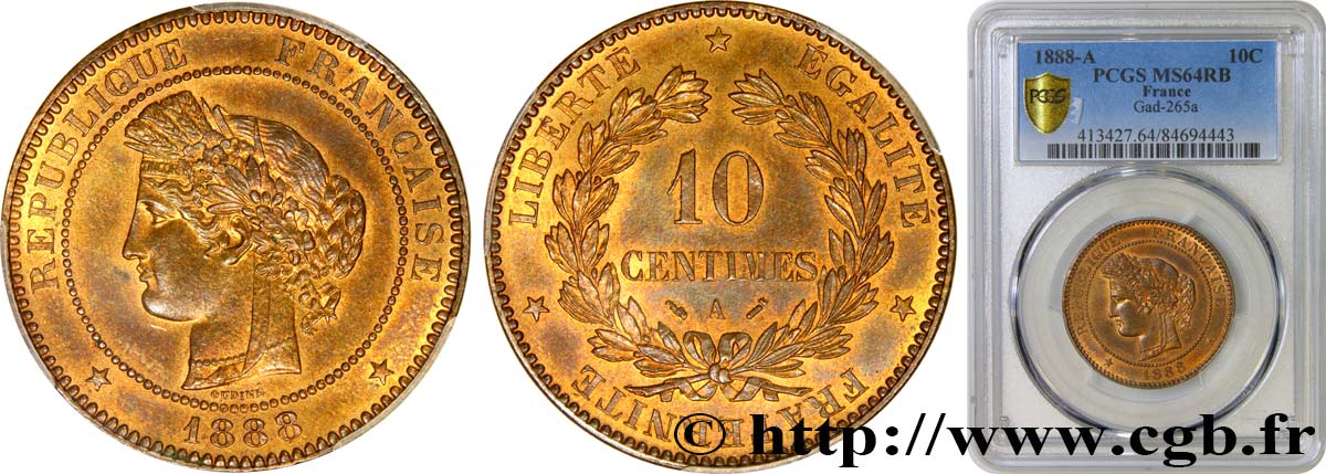 10 centimes Cérès, 1888/7 1888 Paris F.135/32 MS64 PCGS