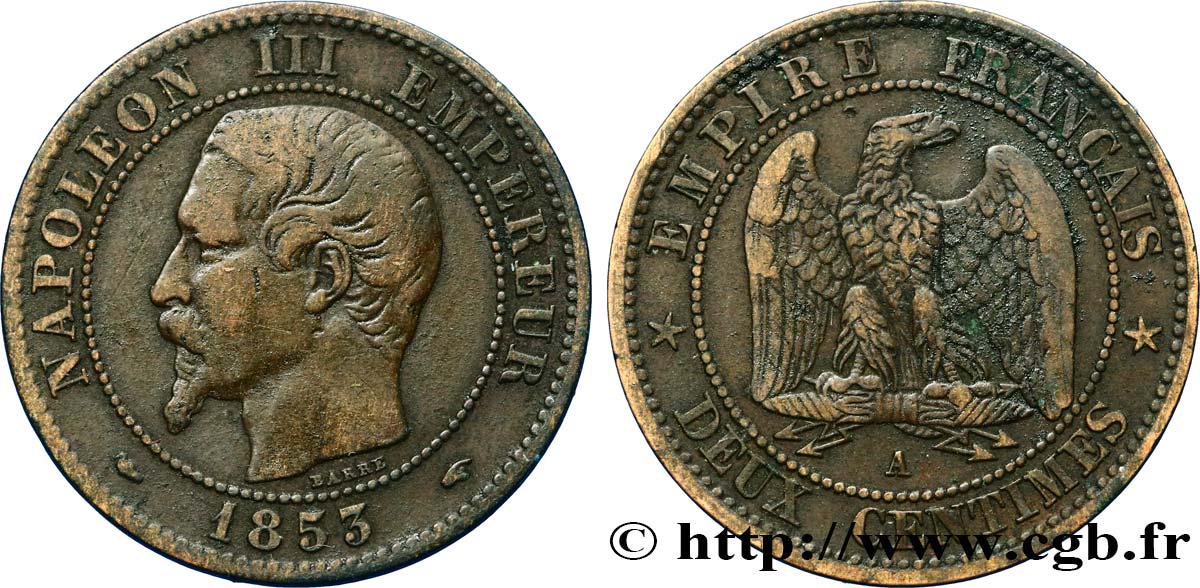 Deux centimes Napoléon III, tête nue 1853 Paris F.107/1 BC30 
