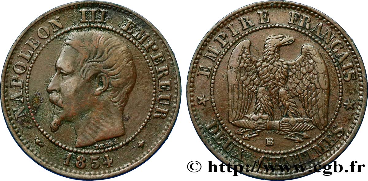 Deux centimes Napoléon III, tête nue 1854 Strasbourg F.107/11 MBC40 