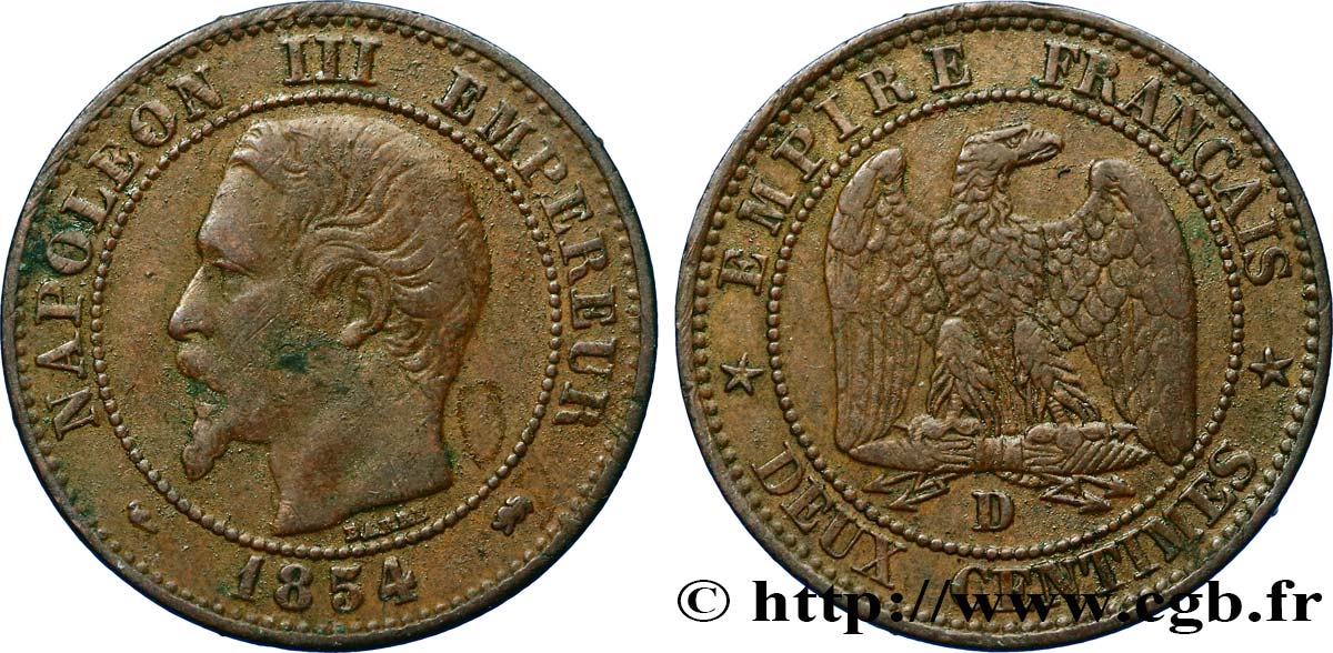 Deux centimes Napoléon III, tête nue 1854 Lyon F.107/13 S35 