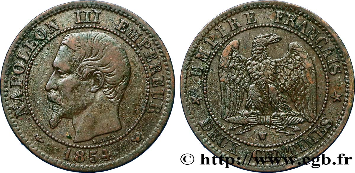 Deux centimes Napoléon III, tête nue 1854 Lille F.107/18 MBC45 